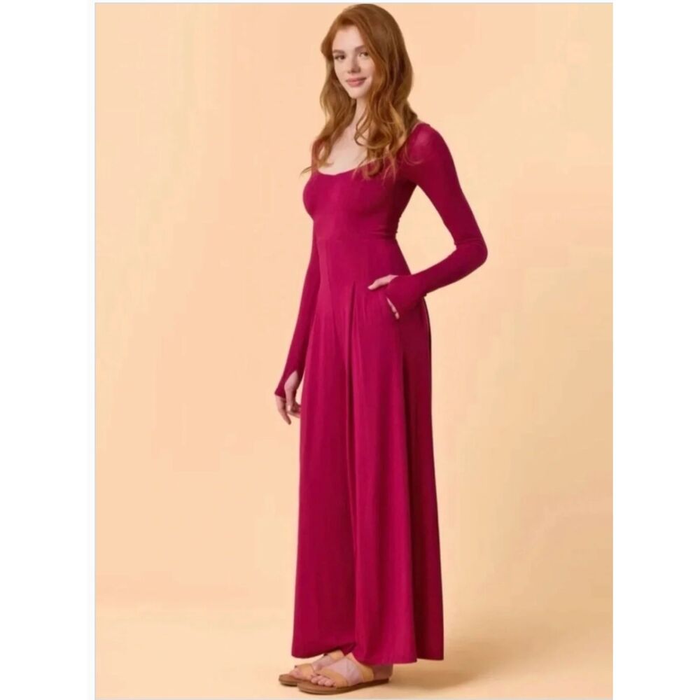 Blogilates Cascade V-Neck Jumpsuit Wide Leg Burgundy Plum Size Small